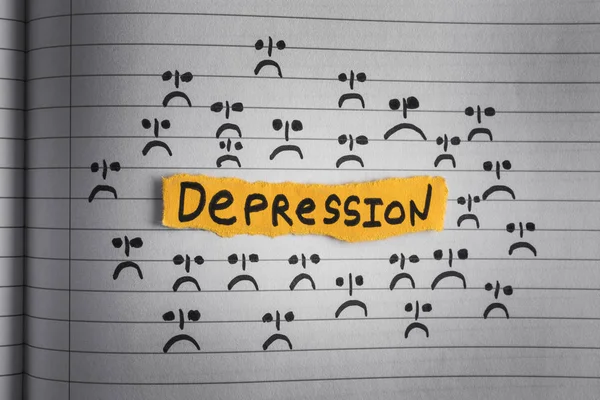 The word Depression on a lined paper with sad faces — Stock Photo, Image