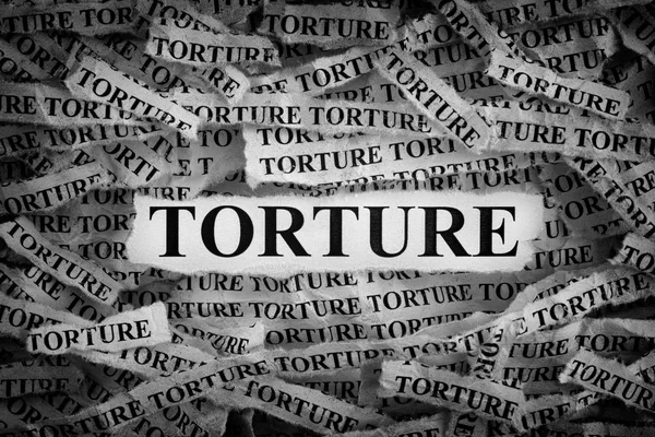 Torture Torn Pieces Paper Word Torture Concept Image Black White — Stock Photo, Image