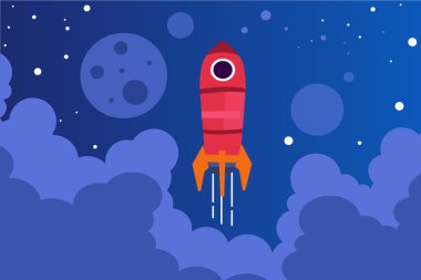 illustration rocket vector lifting in front of a full moon and clouds clipart