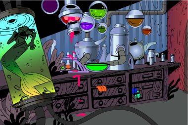 çılgın bilim adamı laboratuvar Sihirbazı çizgi film illüstrasyon