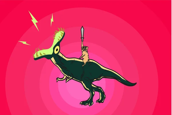 Carlin drôle avec une épée chevauchant sur un dinosaure — Image vectorielle