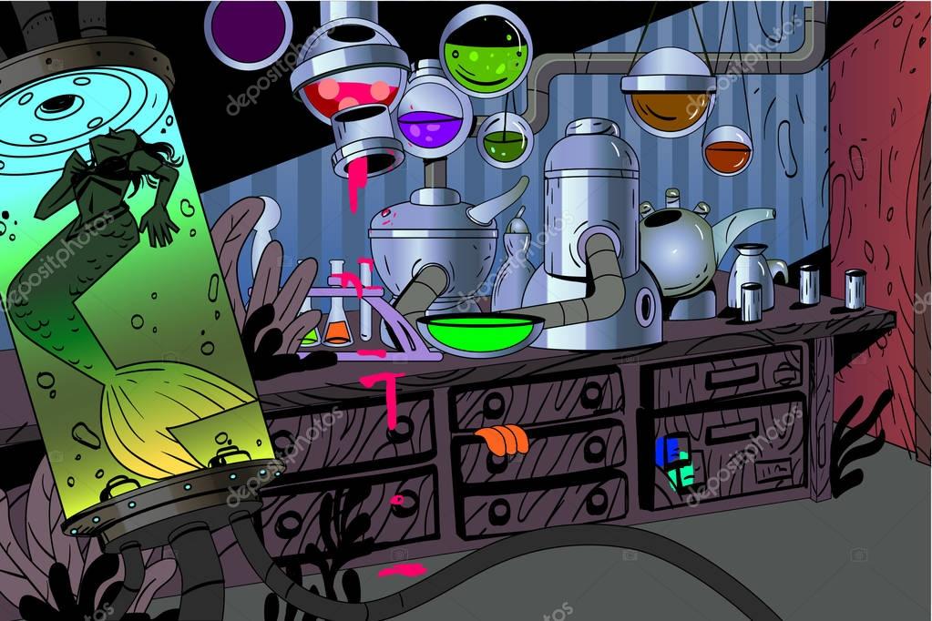 Mad Scientist Lab Wizard Cartoon Illustration — Stock Vector © Annark