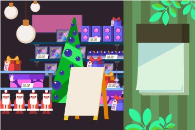 Noel hediyeleri ve süslemeleri ile alışveriş. Satış, seti, düz vektör