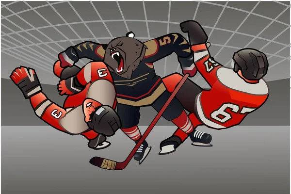 Hokey oyuncuları kavgada. Maskot ayı hokey oyuncularını yarıp geçiyor.