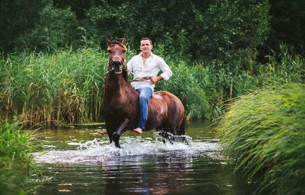 Man White Shirt Riding Horse Crosses River — Stock Photo, Image