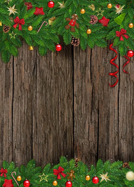 Boże Narodzenie tło z dekoracyjną chrismas drzewo gałęzie, rama — Zdjęcie stockowe