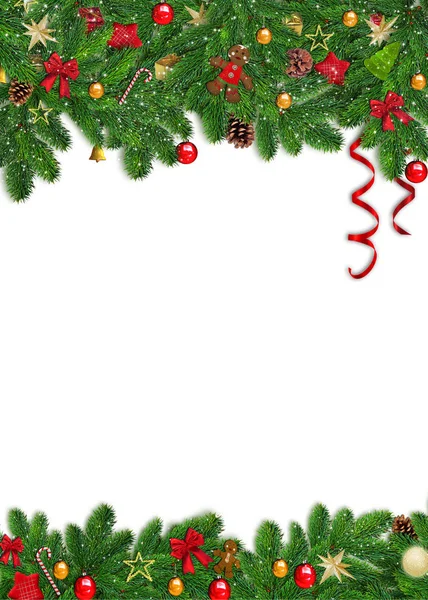Christmas background with decorated chrismas tree branches, frame, white isolated — Stock Photo, Image
