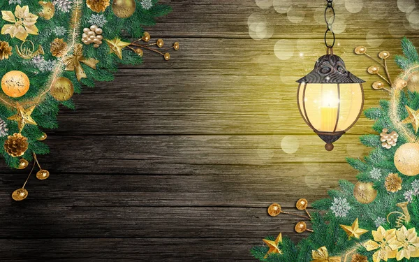 Fondo de madera de Navidad, oro decorado, linterna, marco — Foto de Stock