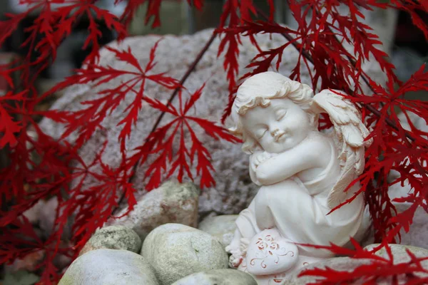 红马普尔叶子，秋天的天使 免版税图库照片
