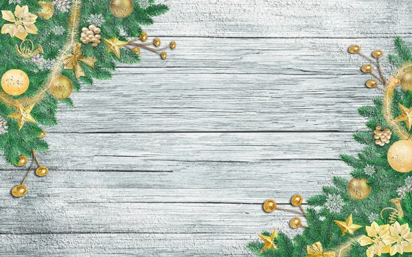 Kerstmis achtergrond met goud versierd kerstboom takken, Stockafbeelding