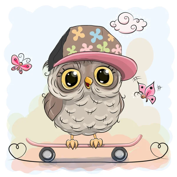 Cute owl on a skateboard — Stock Vector