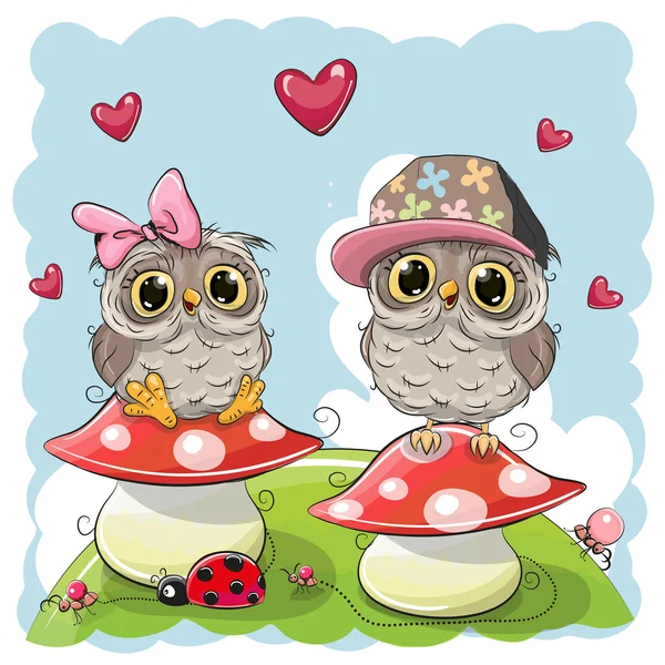Duas corujas de desenhos animados bonitos em cogumelos — Vetor de Stock