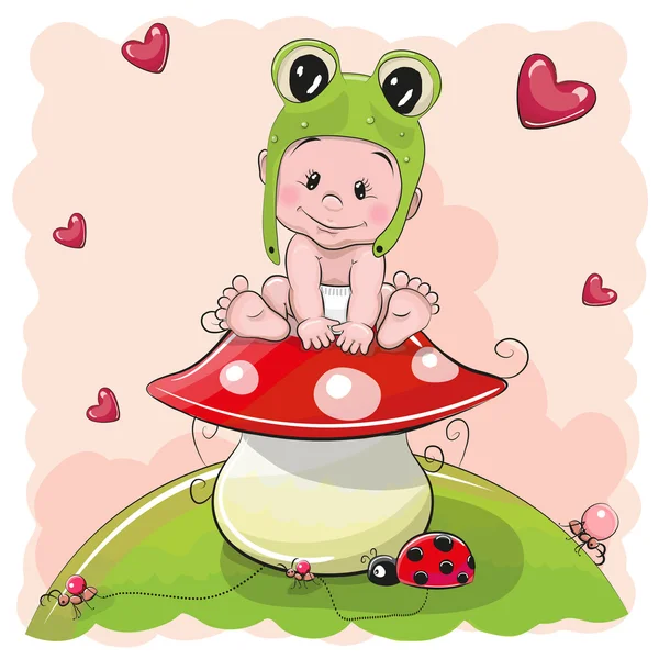 Χαριτωμένο μωρό κινουμένων σχεδίων σε ένα καπέλο froggy — Διανυσματικό Αρχείο