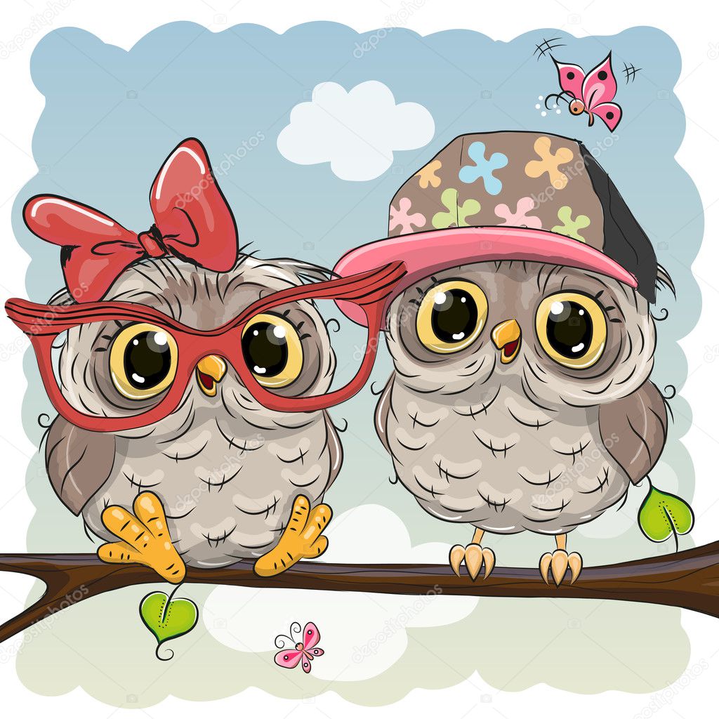 Two cute Cartoon Owls