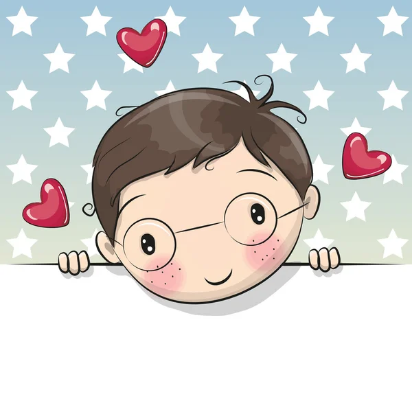 Cartão de saudação bonito Cartoon Boy com cartaz —  Vetores de Stock