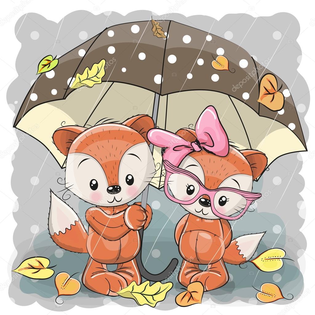 Two cute cartoon foxes with umbrella