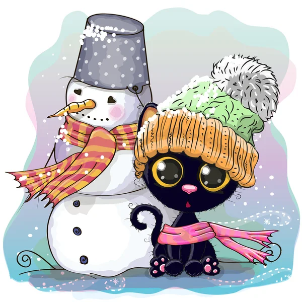 Chaton mignon et bonhomme de neige — Image vectorielle