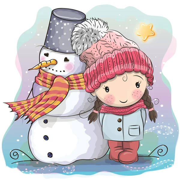 Linda chica y muñeco de nieve — Vector de stock