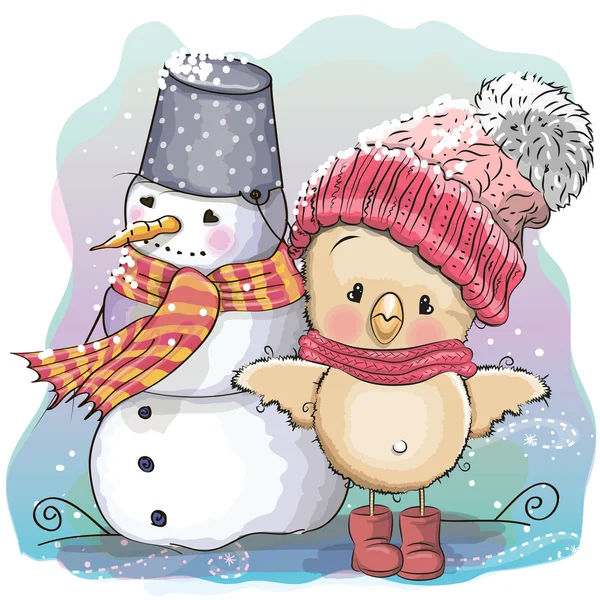かわいいチキンと雪だるま — ストックベクタ