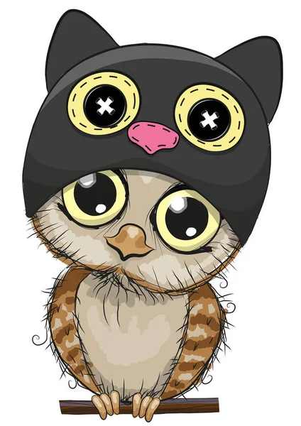 Lindo búho de dibujos animados en un sombrero de gato — Vector de stock