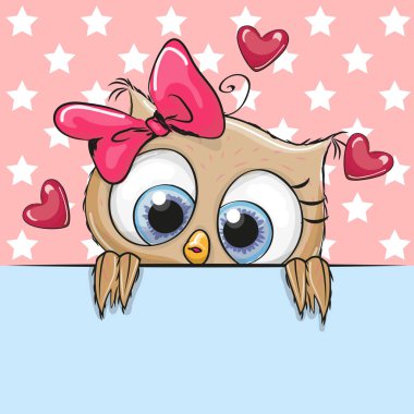 Sevimli çizgi film baykuş kız bir afişini tutuyor