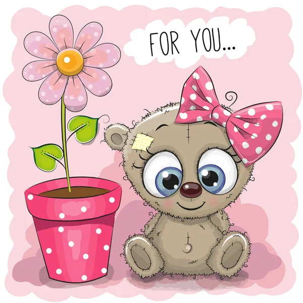 Tarjeta de felicitación Oso niña con flor — Vector de stock