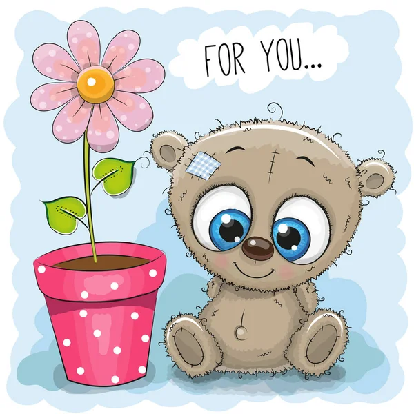 Αρκούδα ευχετήρια κάρτα με λουλούδι — Διανυσματικό Αρχείο