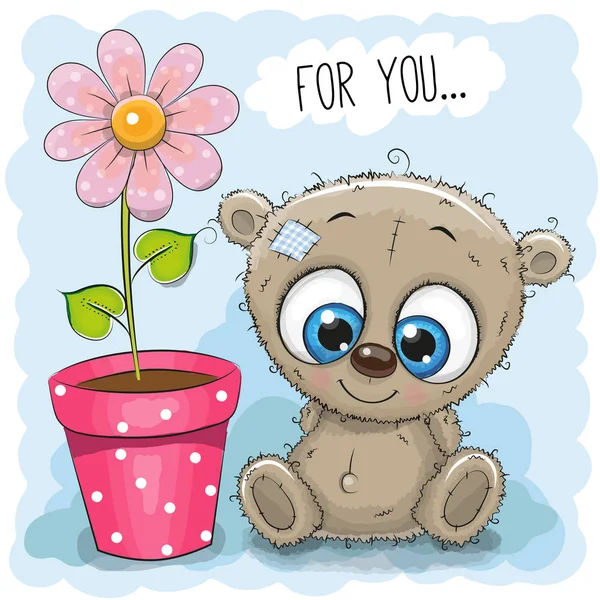 Tarjeta de felicitación Oso con flor — Vector de stock