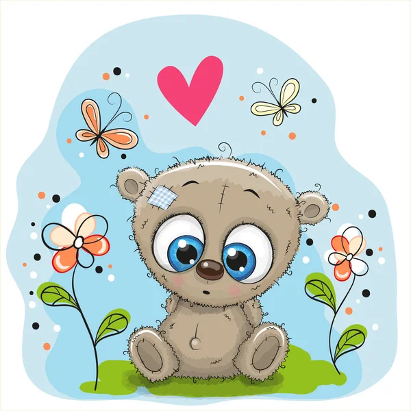 Cute Teddy Bear with flowers — Stock Vector