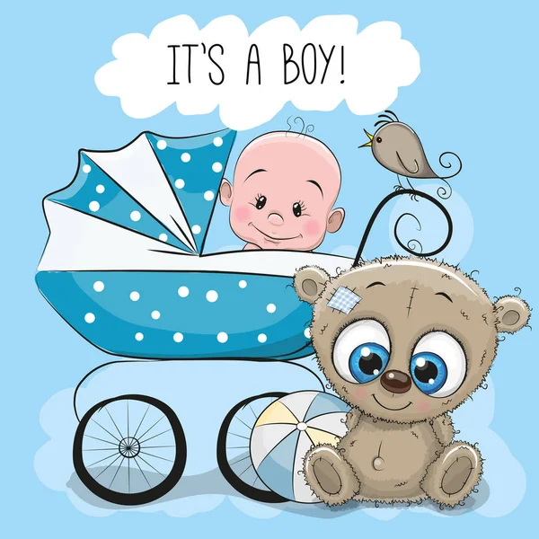 Baby boy with baby carriage and Teddy Bear — Stock Vector