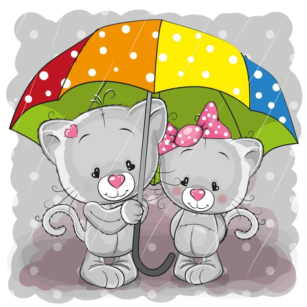 Deux chatons de dessin animé mignons avec parapluie — Image vectorielle