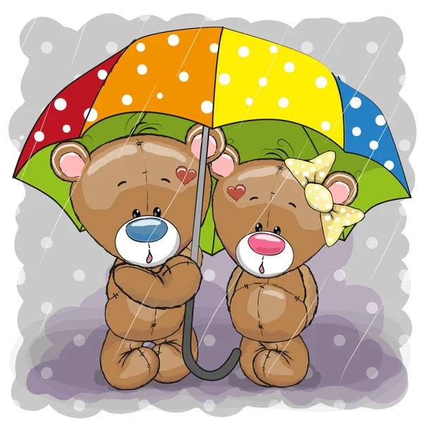 Δύο χαριτωμένα κινούμενα σχέδια αρκούδες με ομπρέλα — Διανυσματικό Αρχείο
