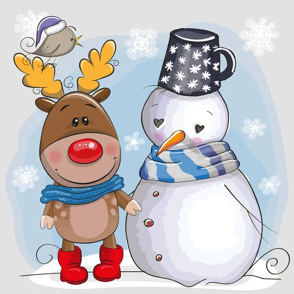 Leuke kerst herten en sneeuwpop — Stockvector
