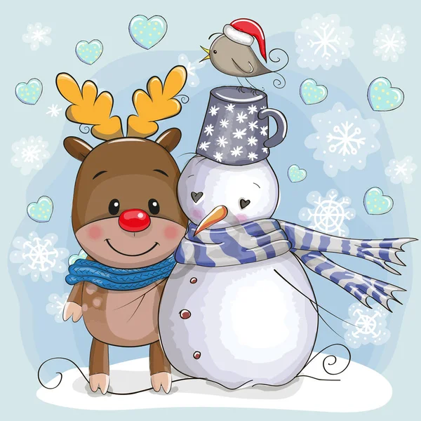かわいいクリスマスの鹿と雪だるま — ストックベクタ