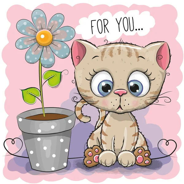 Cartão de saudação Gato com flor — Vetor de Stock