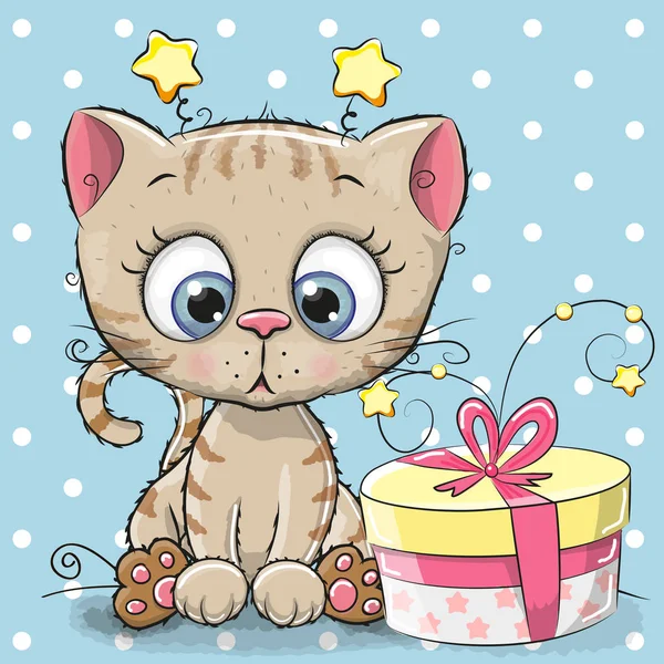 Greeting card cute Kitten with gift — Stock Vector