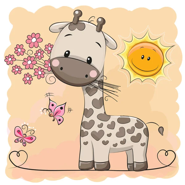 Giraffe met bloemen en vlinders — Stockvector