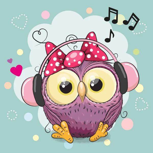 Owl Girl with headphones and hearts — Stock Vector