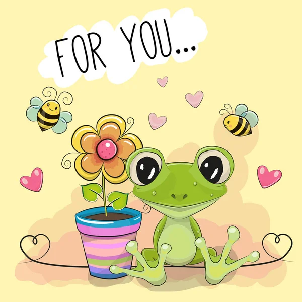 Καρτούν χαριτωμένο ευχετήρια κάρτα βάτραχος με λουλούδι — Διανυσματικό Αρχείο