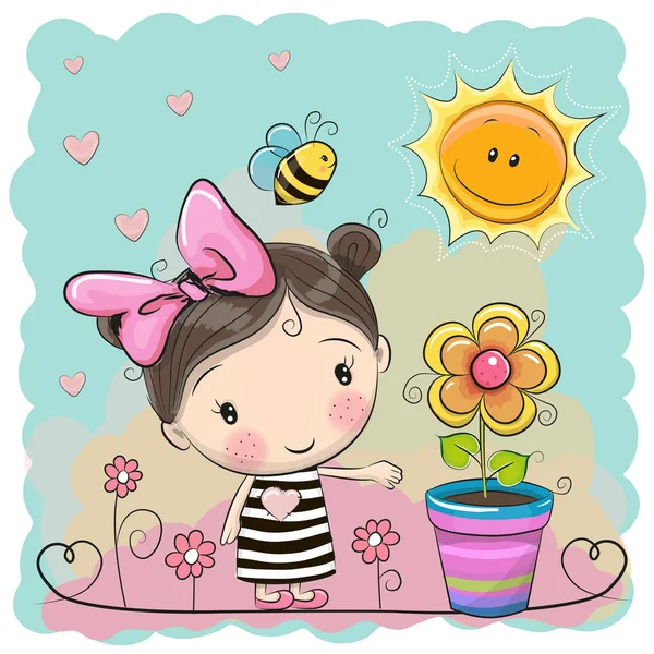 Chica de dibujos animados en el prado con flores — Vector de stock