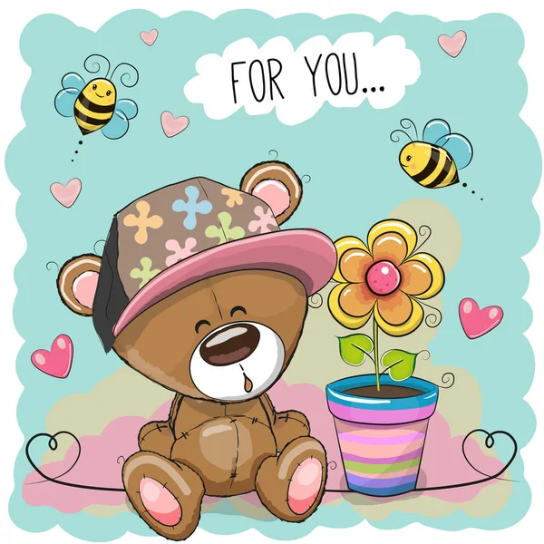 Cartão de saudação Urso com flor — Vetor de Stock