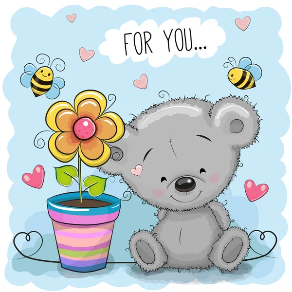 Αρκούδα ευχετήρια κάρτα με λουλούδι — Διανυσματικό Αρχείο