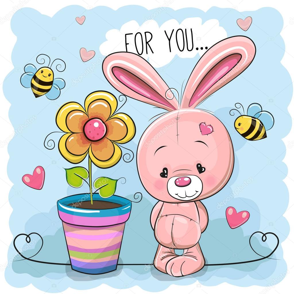 Greeting card cute cartoon Rabbit with flower