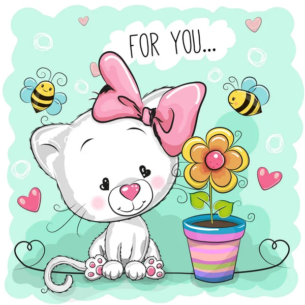 Cute cartoon Kitten with flower — Stock Vector