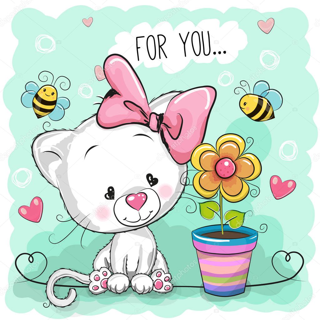 Cute cartoon Kitten with flower