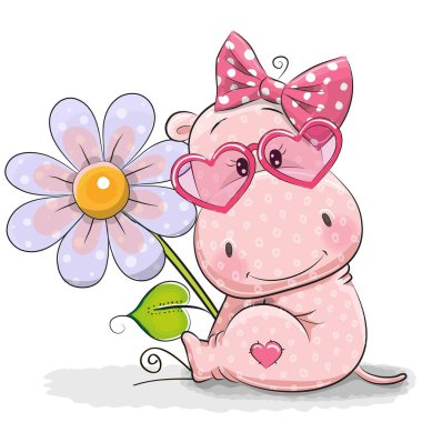 Greeting card Hippo with flower clipart