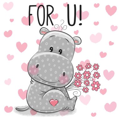 Valentine card Cute Cartoon Hippo with flowers clipart