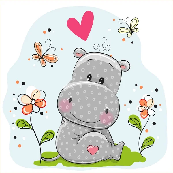 Hippo bonito com flores e borboletas — Vetor de Stock