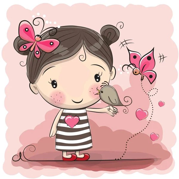 可爱的卡通女孩与鸟 — 图库矢量图片