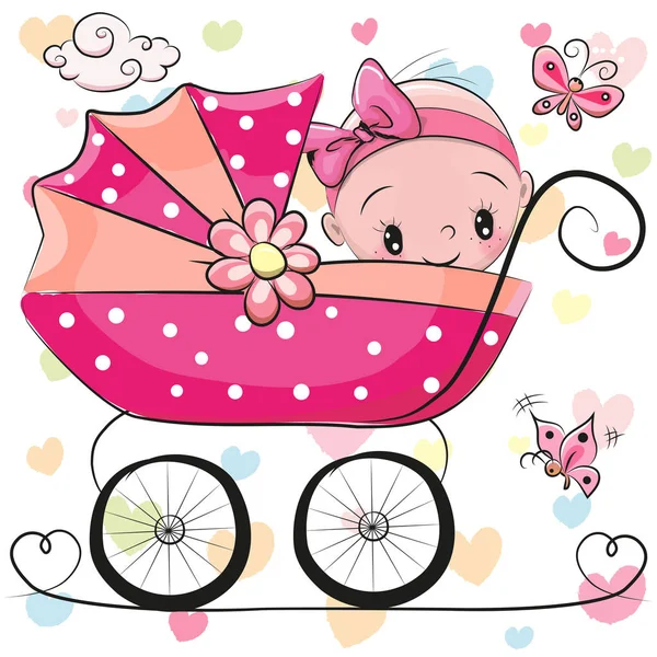 Mignon dessin animé bébé fille est assis sur un chariot — Image vectorielle